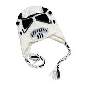 Star Wars Stormtrooper‎ Hand knit  Beanie Hat with Tassels White Black & Frown